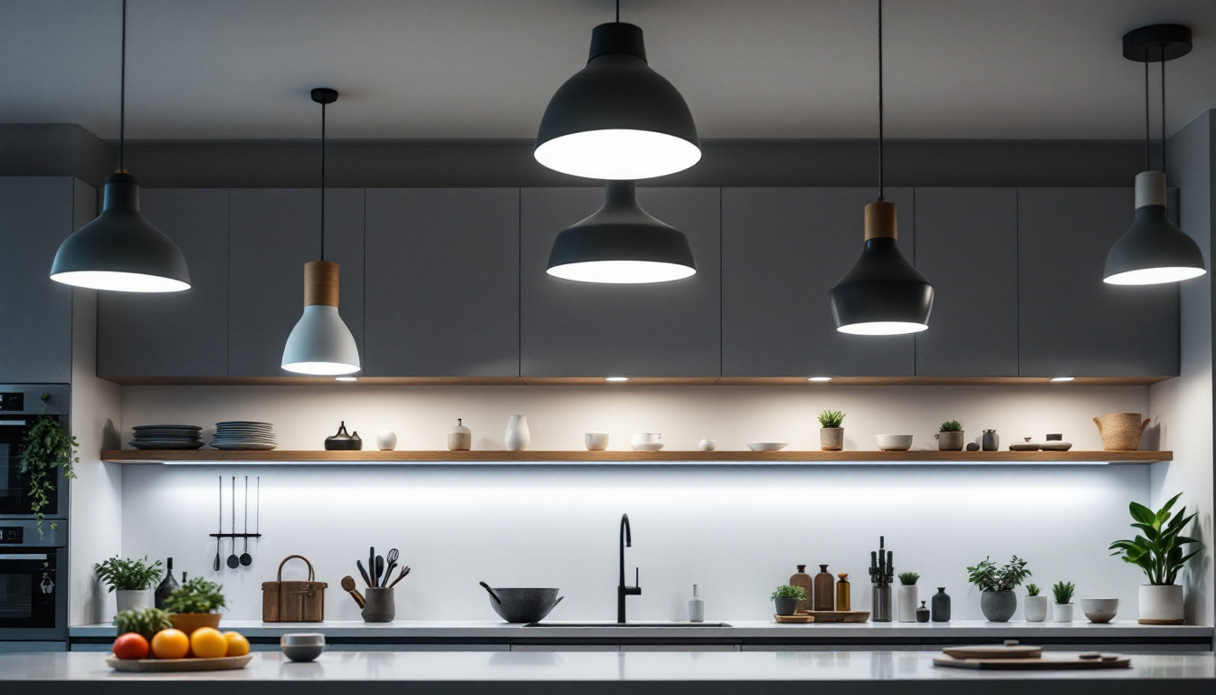 A photograph of a well-lit kitchen featuring a variety of stylish ceiling light fixtures