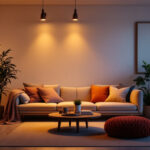 A photograph of a well-lit room showcasing dimmable led can lights in action