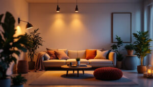A photograph of a well-lit room showcasing dimmable led can lights in action