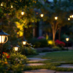 A photograph of a beautifully illuminated outdoor garden scene at dusk