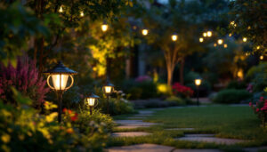 A photograph of a beautifully illuminated outdoor garden scene at dusk