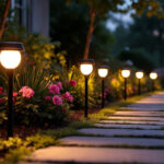 A photograph of a beautifully arranged outdoor scene featuring round solar lights illuminating a garden pathway at dusk