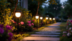 A photograph of a beautifully arranged outdoor scene featuring round solar lights illuminating a garden pathway at dusk