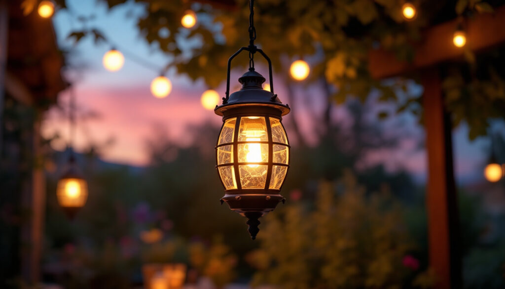 A photograph of a beautifully designed outdoor hanging lantern illuminated at dusk