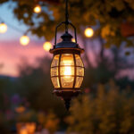 A photograph of a beautifully designed outdoor hanging lantern illuminated at dusk