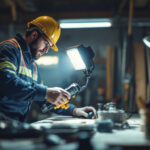 A photograph of a lighting contractor skillfully using a portable work light on a job site