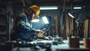 A photograph of a lighting contractor skillfully using a portable work light on a job site