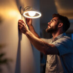 A photograph of a lighting contractor adjusting a dimmable led fixture in a modern home setting