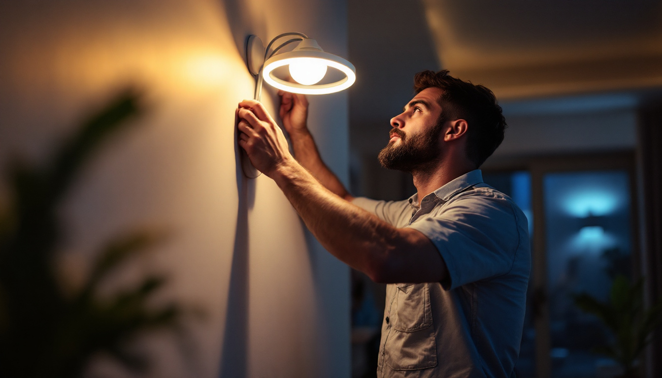 A photograph of a lighting contractor adjusting a dimmable led fixture in a modern home setting