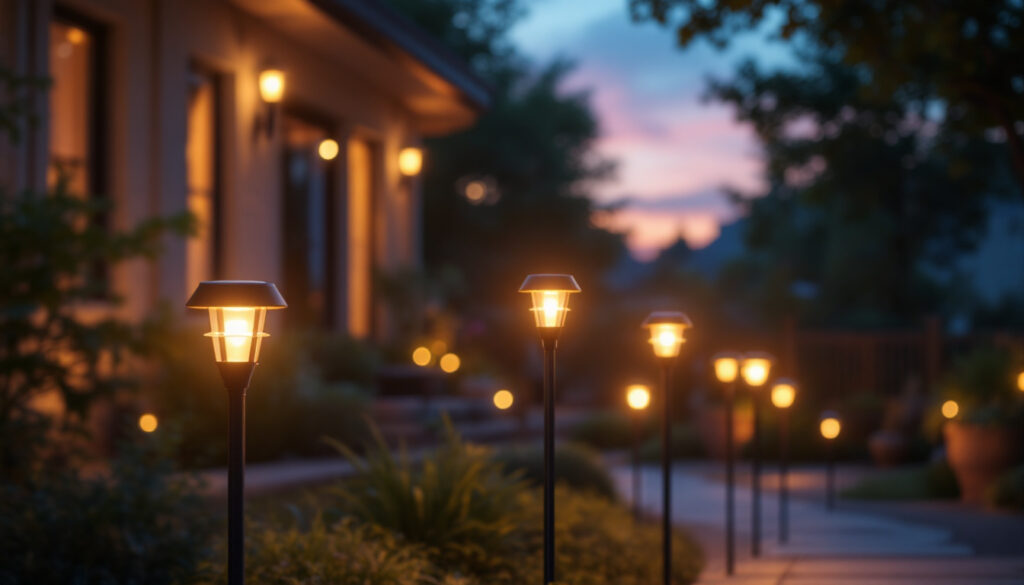 A photograph of a beautifully illuminated outdoor space featuring a variety of stylish solar outdoor lights in action