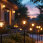 A photograph of a beautifully illuminated outdoor space featuring a variety of stylish solar outdoor lights in action