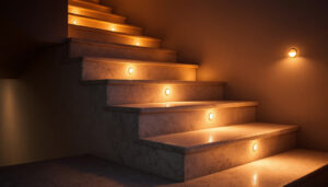 A photograph of a beautifully illuminated staircase featuring stylish stair puck lights