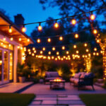 A photograph of a beautifully arranged outdoor scene featuring vibrant led string lights illuminating a backyard or patio setting