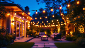 A photograph of a beautifully arranged outdoor scene featuring vibrant led string lights illuminating a backyard or patio setting