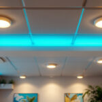 A photograph of a well-lit ceiling featuring stylish can lights installed in ceiling tiles