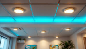 A photograph of a well-lit ceiling featuring stylish can lights installed in ceiling tiles