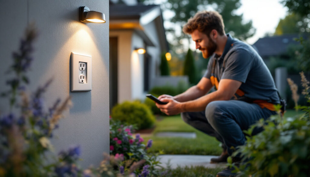 A photograph of a lighting contractor installing or inspecting an electrical outdoor outlet cover in a beautifully landscaped outdoor setting