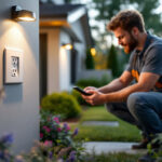 A photograph of a lighting contractor installing or inspecting an electrical outdoor outlet cover in a beautifully landscaped outdoor setting