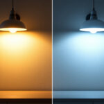 A photograph of a side-by-side comparison of led and fluorescent light fixtures in a well-lit room