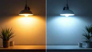 A photograph of a side-by-side comparison of led and fluorescent light fixtures in a well-lit room