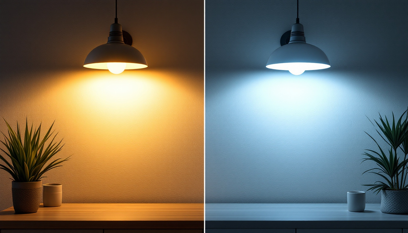 A photograph of a side-by-side comparison of led and fluorescent light fixtures in a well-lit room