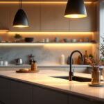 A photograph of a modern kitchen featuring stylish bar lighting that highlights the evolution of design and technology