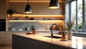 A photograph of a modern kitchen featuring stylish bar lighting that highlights the evolution of design and technology