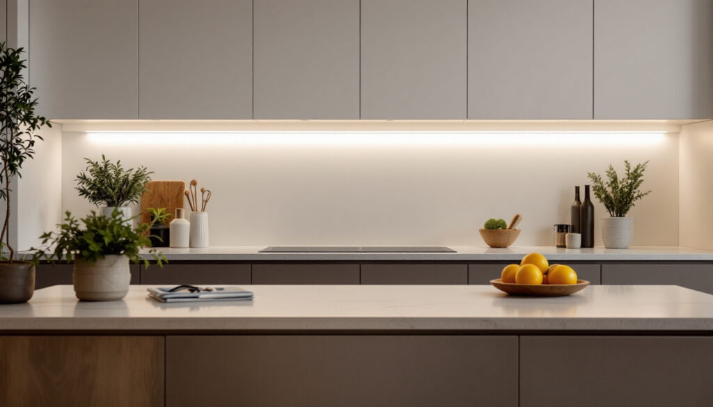A photograph of a modern kitchen featuring sleek direct wire under cabinet lighting that highlights the countertops and creates an inviting ambiance