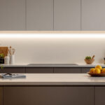 A photograph of a modern kitchen featuring sleek direct wire under cabinet lighting that highlights the countertops and creates an inviting ambiance