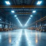 A photograph of a well-lit industrial workspace showcasing led lighting installations in action