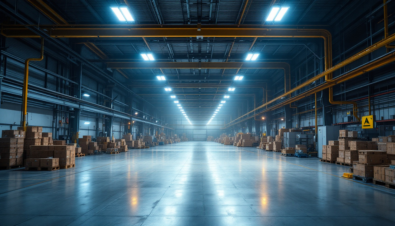 A photograph of a well-lit industrial workspace showcasing led lighting installations in action