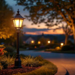 A photograph of a beautifully illuminated driveway lamp post at dusk