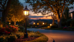 A photograph of a beautifully illuminated driveway lamp post at dusk