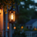 A photograph of a beautifully designed hanging porch lantern illuminated at dusk
