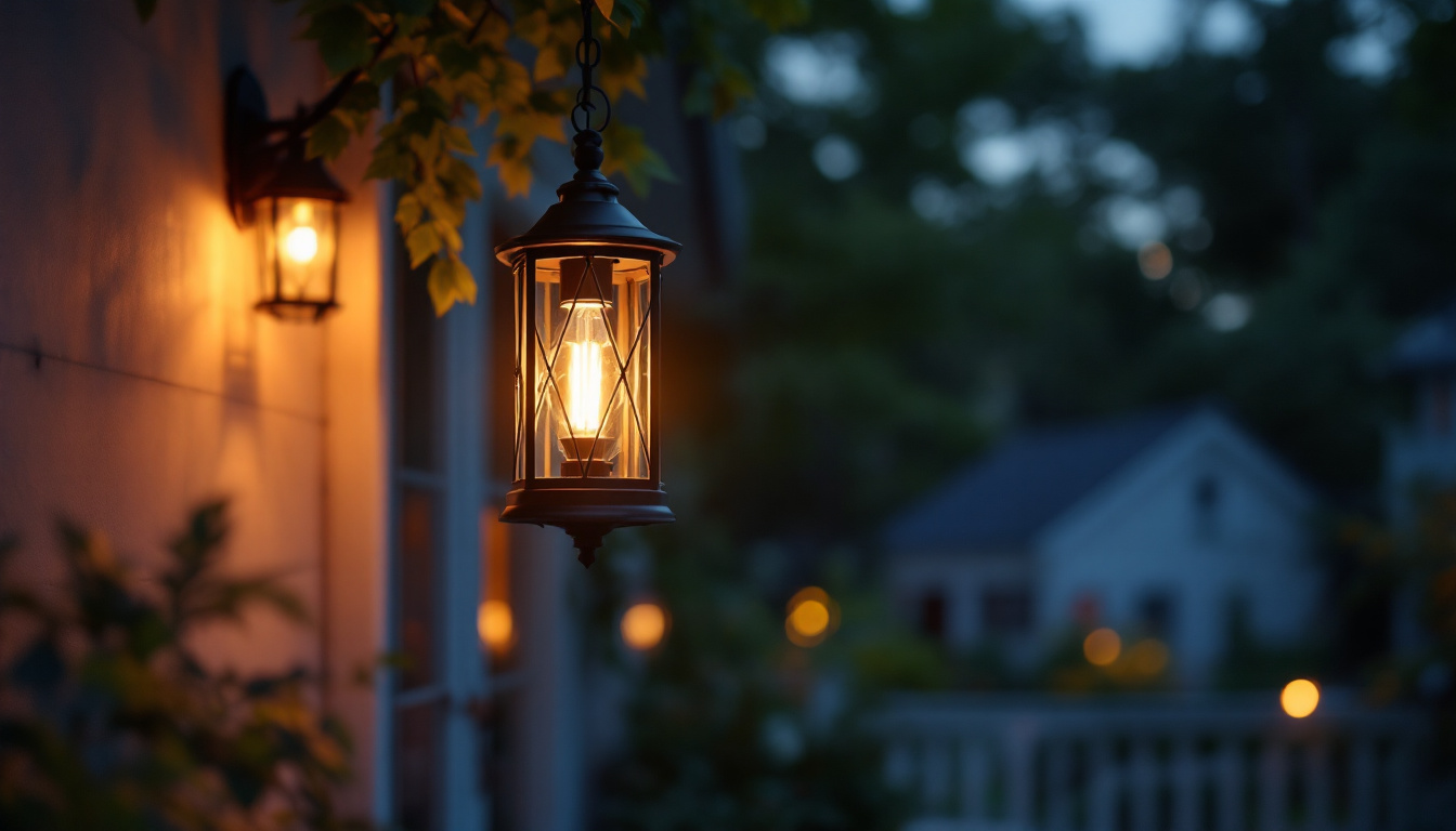 A photograph of a beautifully designed hanging porch lantern illuminated at dusk