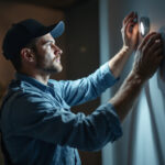 A photograph of a modern lighting contractor engaged in the installation of innovative uplighting fixtures in a stylish residential or commercial space