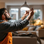 A photograph of a lighting contractor expertly installing a pot light converter in a modern home setting