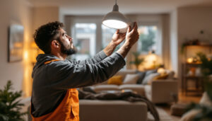 A photograph of a lighting contractor expertly installing a pot light converter in a modern home setting
