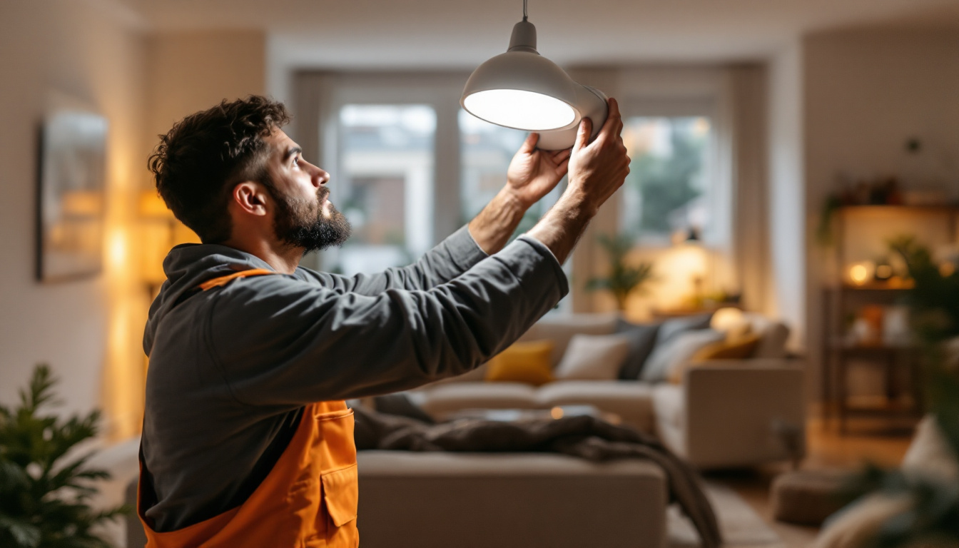 A photograph of a lighting contractor expertly installing a pot light converter in a modern home setting