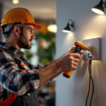 A photograph of an electrician inspecting a modern electrical outlet installation in a well-lit residential setting
