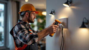A photograph of an electrician inspecting a modern electrical outlet installation in a well-lit residential setting