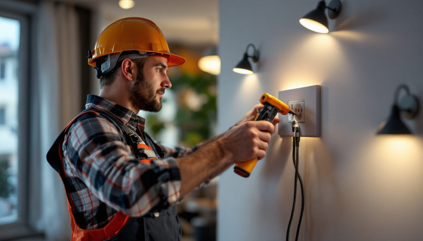 A photograph of an electrician inspecting a modern electrical outlet installation in a well-lit residential setting