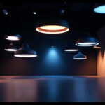 A photograph of a modern lighting installation showcasing various innovative light fixtures that emit 5000k lumens