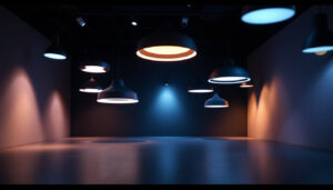 A photograph of a modern lighting installation showcasing various innovative light fixtures that emit 5000k lumens