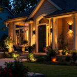 A photograph of a beautifully illuminated outdoor space featuring lowes dusk to dawn lights in action