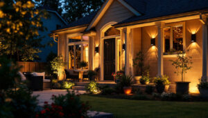 A photograph of a beautifully illuminated outdoor space featuring lowes dusk to dawn lights in action