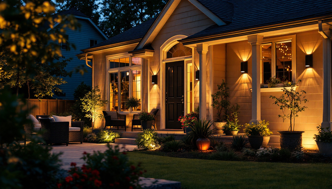 A photograph of a beautifully illuminated outdoor space featuring lowes dusk to dawn lights in action