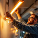 A photograph of a lighting contractor expertly installing warm fluorescent light bulbs without a ballast in a modern workspace