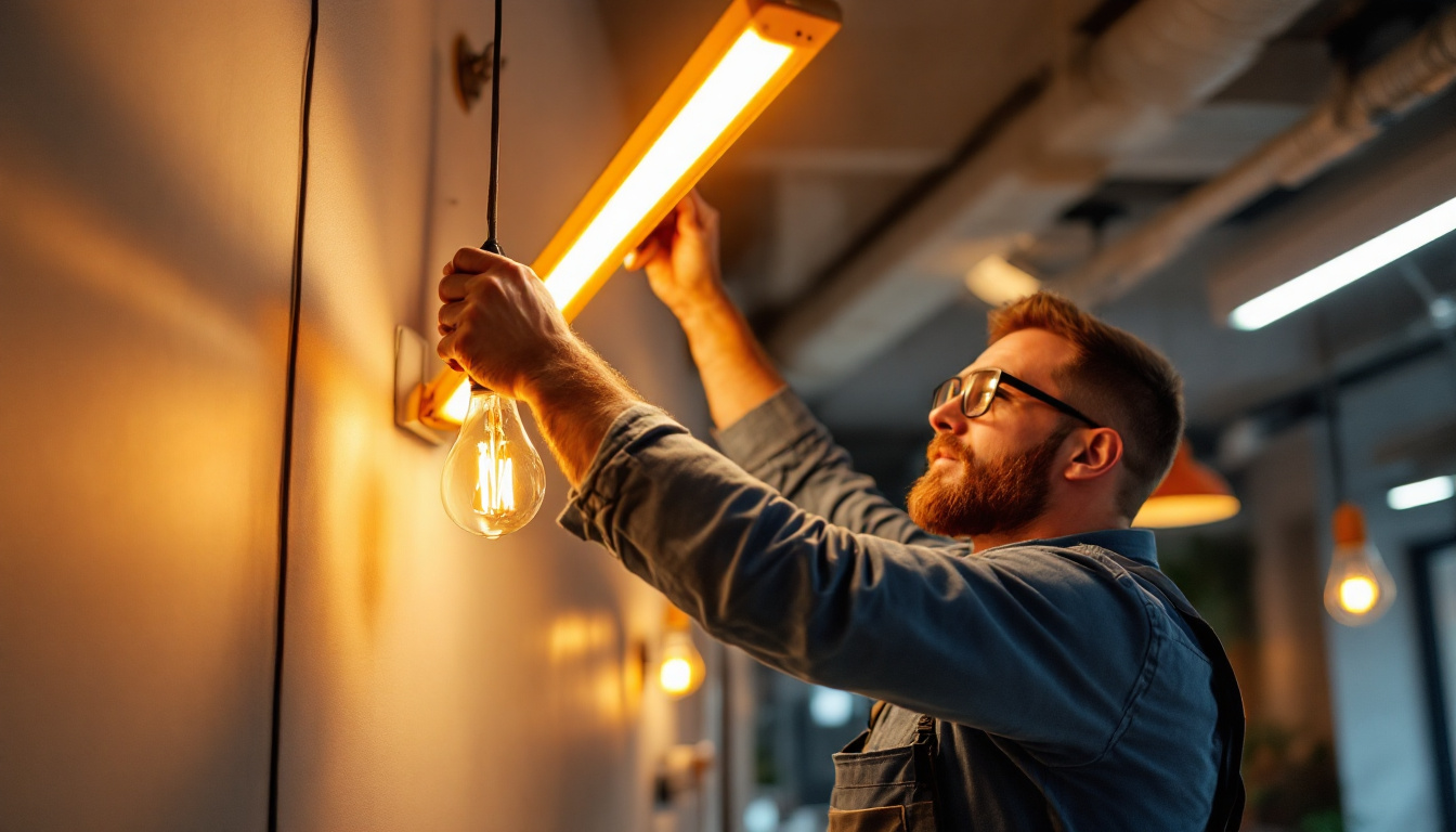 A photograph of a lighting contractor expertly installing warm fluorescent light bulbs without a ballast in a modern workspace