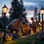 A photograph of a team of professionals collaboratively setting up and adjusting outdoor path lights in a beautifully landscaped garden